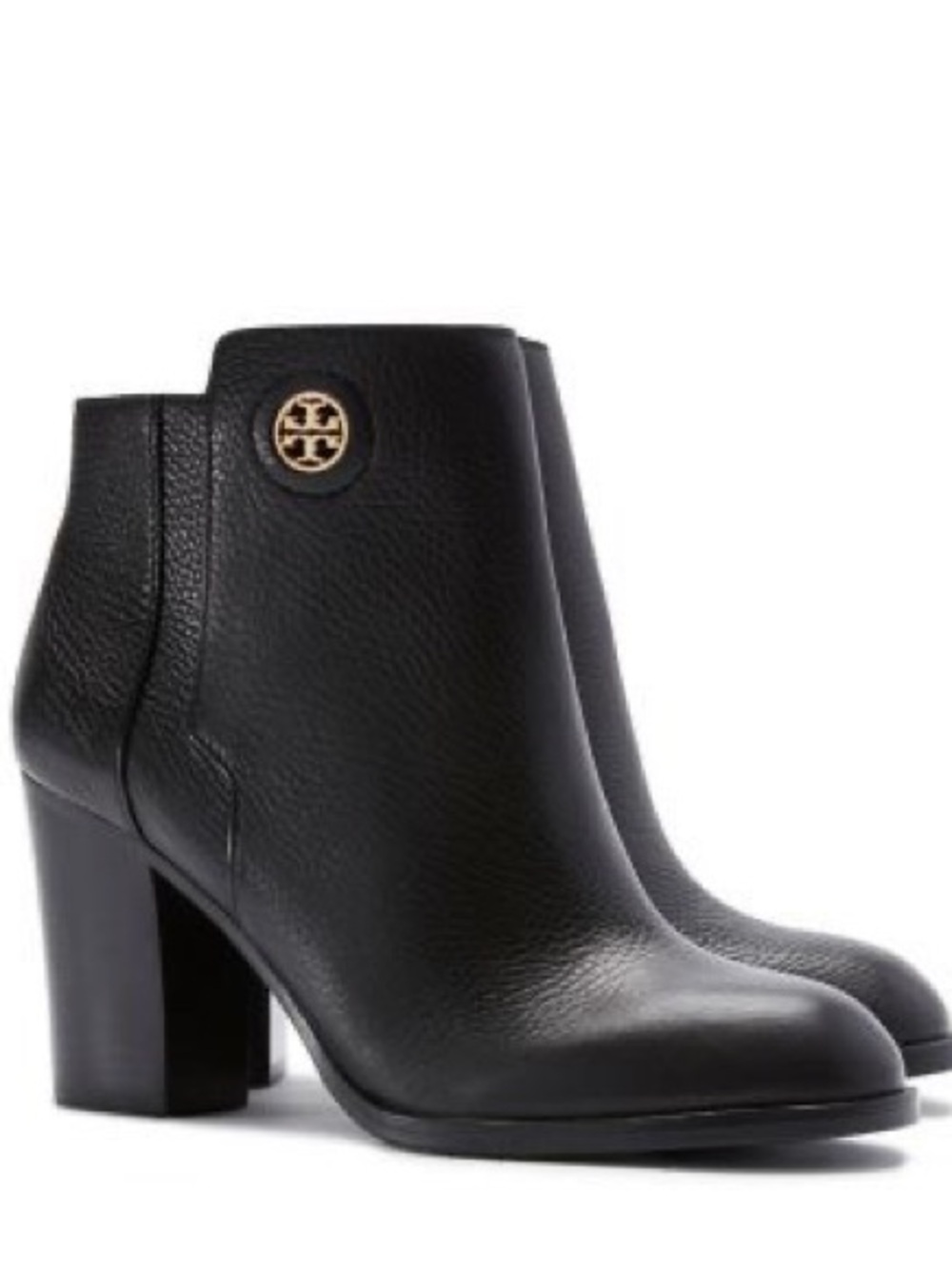 Tory Burch Black Leather Block Heel Ankle Boot with Gold logo real leather